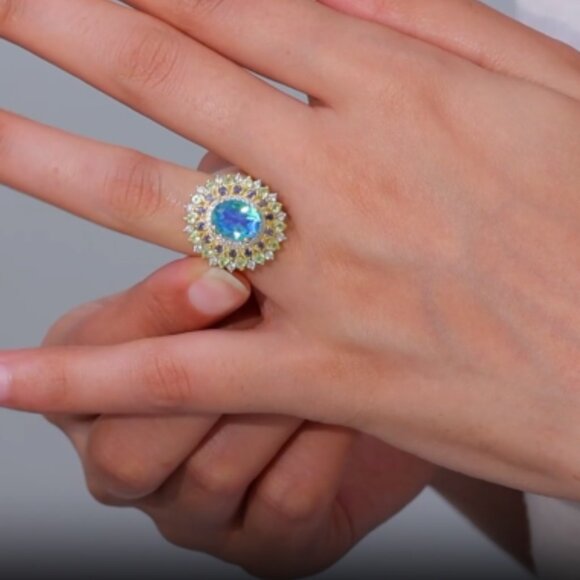 Peacock Quartz (Triplet) and Multi Gemstone Dahlia Floral Ring - Picture 5 of 6